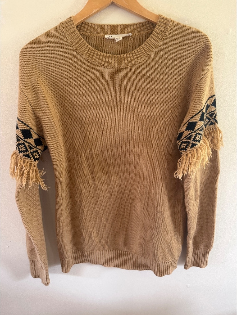 Vine & Love Brown and Black Aztec Print Sweater With fringe Size Small